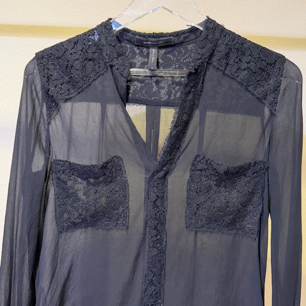 BCBGMaxAzria Black Lace Detail Sheer Blouse - Picture 2 of 7